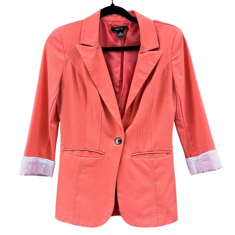 BCX Womens Coral 3/4 Sleeve Single Button Blazer‎ Polka Dot Cuffs S Chic Preppy